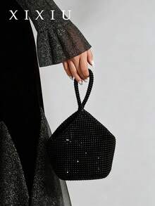 Lightweight Business Casual Rhinestone Decor Mini Drawstring Bucket Bag, Transparent Faux Pearl Evening Clutch - Black - View 5