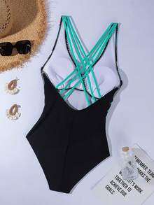 Maillot de bain une pièce sans manches col V profond patchwork rayures géométriques été 2026 plage vacances - Multicolore - Voir 6