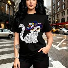 Camiseta de mujer con estampado de gato blanco brillante con sombrero azul adornado con flores coloridas - camiseta casual de manga corta con ajuste cómodo y moderno, estilo urbano chic para la ciudad - ideal para paseos por la calle, citas romántica - Negro - Ver 11