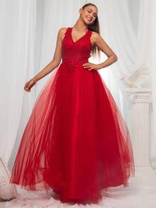 VIPGIRL Deep V-Neck High Slit Hem Mesh Evening Gown Dress - Red - View 4