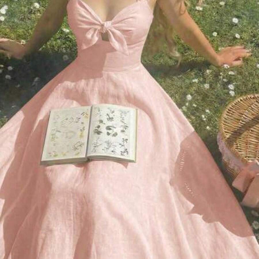 WNS MOD Vestido midi elegante de unicolor con cintura fruncida y anudada, adecuado para fiestas y eventos - Rosa Pálido - Ver 1