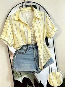 Camisa casual de mujer de manga corta con botones y rayas de fresa - Multicolor - Ver 1