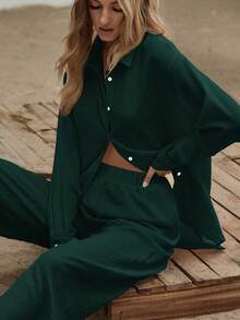 Conjunto de blusa larga con abertura en el bajo y pantalón de pierna ancha, blusa de manga larga oversize con hombros caídos en beige y pantalones, ropa casual de primavera/otoño para mujer, conjunto de dos piezas para uso diario - Verde Oscuro - Ver 1