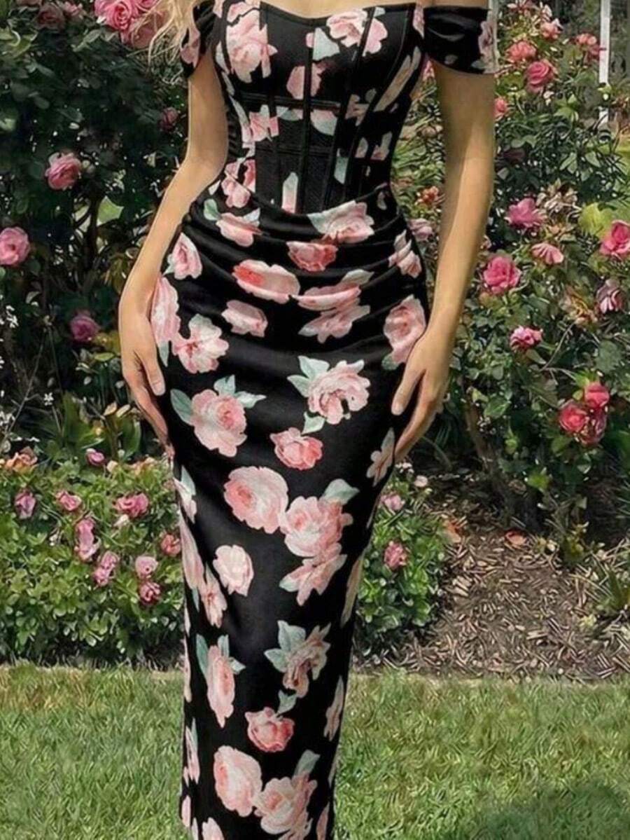 Women's Off-The-Shoulder Fitted Dress With Ruching And Floral Print - 黑色 - 查看 1