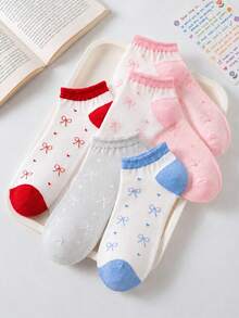1/5 pares de calcetines de mujer de corte bajo de unicolor con lazo y corazón, suaves, cómodos, transpirables y de estilo escolar, adecuados para uso diario - Multicolor - Ver 3