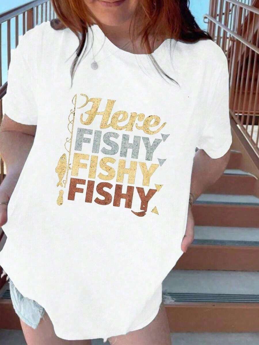 Women's Summer Short Sleeve "Here Fishy Fishy Fishing" Graphic Print T-Shirt, 180g Pure Cotton Oversized Tee, Vintage Retro Style, Fishing Lover Gift, Great For Beach, Back To Sc - 白色 - 查看 1