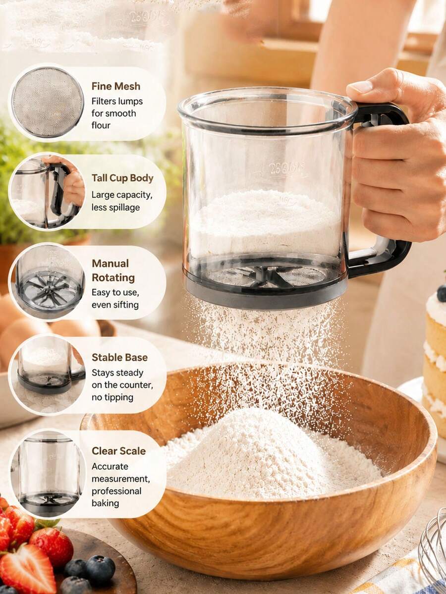 1/2pcs Semi-Automatic Handheld Baking Sifter With Ergonomic Handle & Reusable Fine Mesh Sieve - Multifunctional Flour Powder Sifter Suitable For Cocoa, Baking Powder, For Kitchen, Pastry For Baking Lovers, Plastic Sieve For Caking