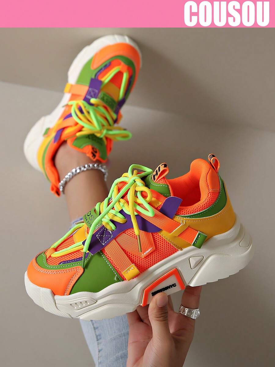 New Thick-Soled Sports Shoes For Women, Mesh & Colorful Splicing Leather Upper Lace-Up Casual Sneakers - Multicolor - View 1
