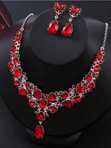 Bộ 1 dây chuyền và bông tai thời trang phong cách phóng khoáng đính pha lê, kim loại đính đá rhinestone toàn bộ, phù hợp làm phụ kiện cho váy cưới cô dâu và đầm dạ hội - trắng - Xem 5