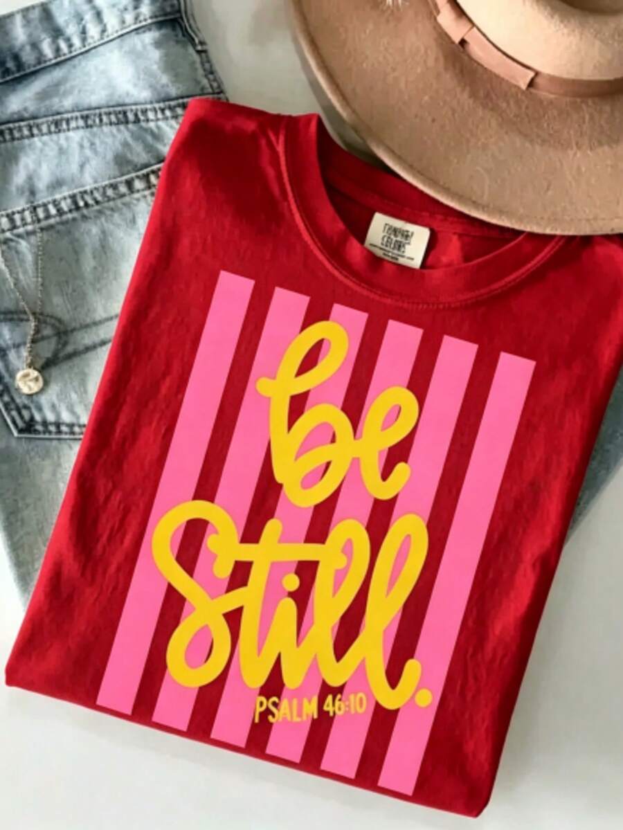 [100% Cotton] Be Still Shirt - Love Like Jesus Girly Pink Stripes T-Shirt Coquette Aesthetic Faith Spring Tee Unisex Women's & Men's Campus Daily Wear - 紅色 - 查看 1