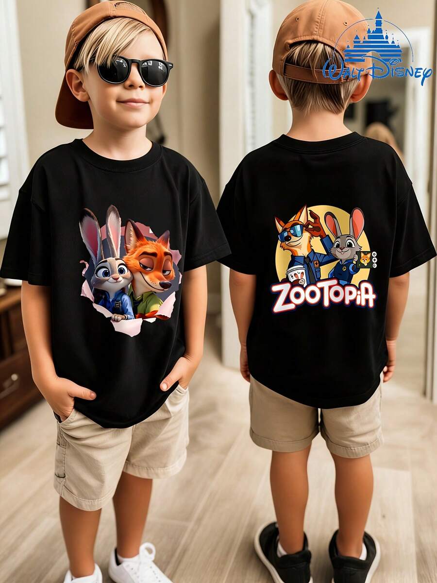 DISNEY Boys' Zootopia Nick & Judy Cartoon Shirt - Soft Stretchy Breathable Kids Summer Outfit With Nick Wilde & Judy Hopps Character Design, Loose Fit Short Sleeve Tunic Suitable For Kids, Holiday Gift For Boys - 黑色 - 查看 1