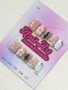 10pcs Square Shaped Handmade Nail Tips, Y2K Baddie Style, Nude & White Color With French Edge, Embossed, Water Droplets, Metal Studs, Asymmetrical Liquid Metal, Rhinestone Elements, Suitable For Party, Wedding, Daily Wear, Includes Tool Kit, Great Gift For Women And Girls - Multicolor - View 3