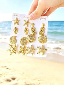 1/8 Pares Conjunto de Brincos de Botão Estilo Oceano Dourado, Conjunto de Brincos Estilo Férias com Design de Sereia/Estrela-do-mar/Concha/Concha/Garra de Caranguejo - Dourado - Visão 8