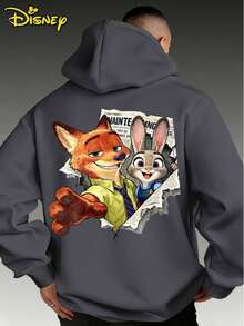 Oversized Disney Zootopia Hoodie, Nick Wilde & Judy Hopps Double-Sided Graphic, Streetwear Casual Pullover For Men - 灰色 - 查看 2