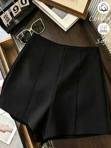 Shorts de mujer de cintura alta de color gris oscuro minimalista y de moda, con cierre de cremallera en la espalda, adecuados para el uso diario, citas y ocasiones románticas - Negro - Ver 1