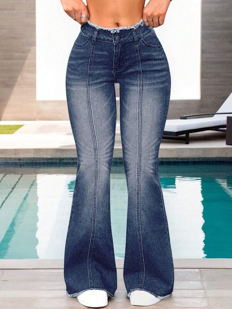 Pantalones vaqueros acampanados para mujer en azul deslavado, con bajos deshilachados y estilo casual vintage, Jeans - Azul - Ver 1