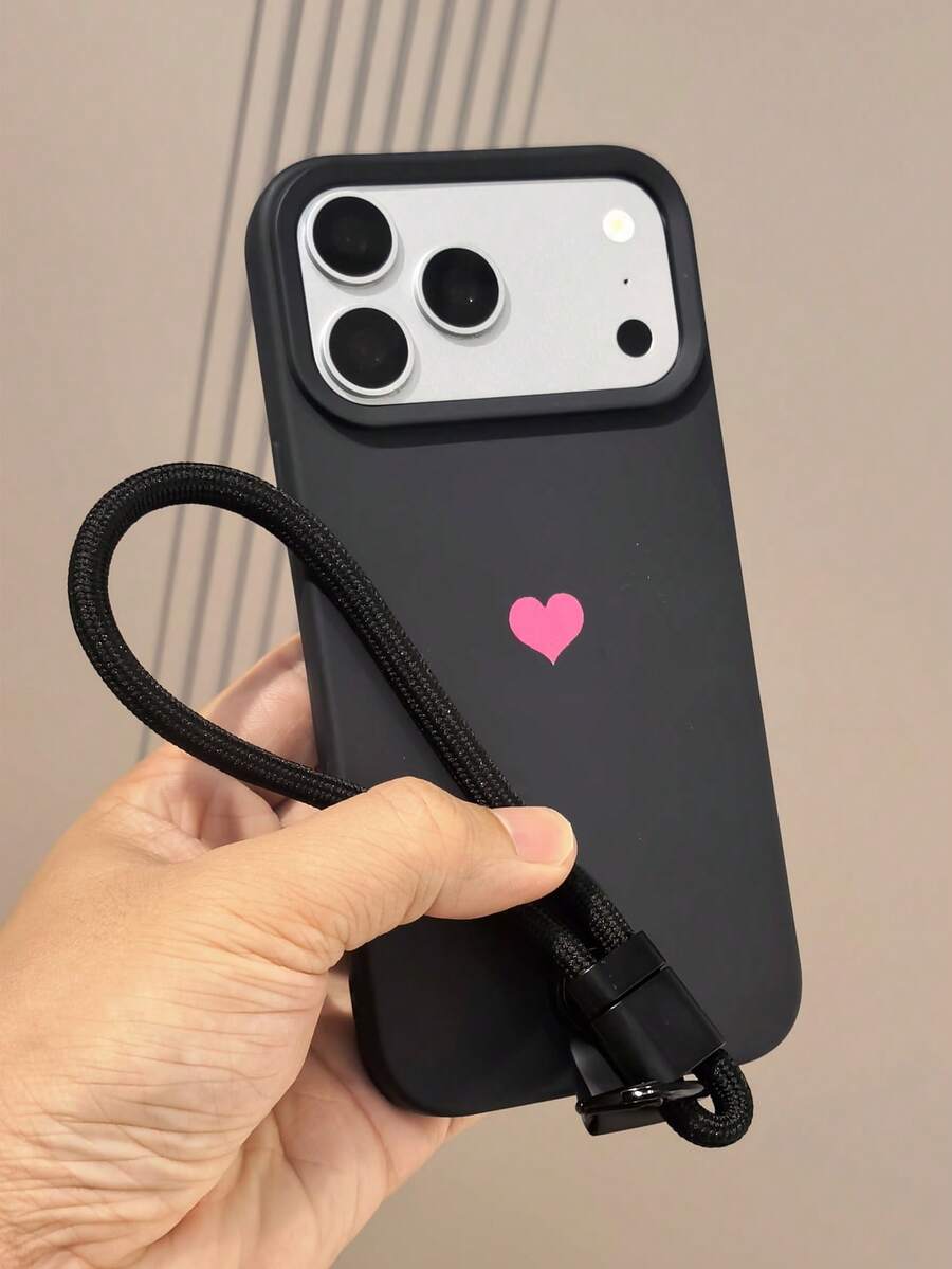 Minimalist Dopamine Black & Red Heart Phone Case + Wrist Strap, Suitable Compatible With Iphone 18 Pro Max/18 Pro/18/17 Pro Max/17 Pro/17/16 Pro Max/16 Pro/16/16 Plus/15/15 Pro Max/15 Pro/15 Plus/11/12/13/14 Pro Max/11 Pro/11 Pro Max/12 Pro/12 Pro Max/13 Pro/13 Pro Max/14 Pro/14 Pro Max/14 Plus, Creative Design, Unisex, Soft Shell - Black Heart and Red Bracelet - View 1