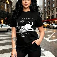 Camiseta de mujer con estampado divertido de gato sobre libro y taza de café con frase "life is better with coffee" - camiseta casual de manga corta, ajuste cómodo y estilo urbano moderno - ideal para días de lectura, cafés o salidas diarias, regalo - Negro - Ver 10