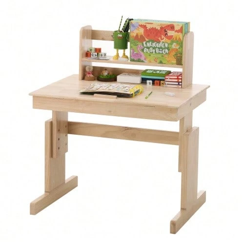 Children's Table, Multifunctional Desk In Solid Wood, Height Adjustable, Folding Top, Bookends, Certified To Meet Standards, For Children From 6 Years Old. - Natural Color - View 1