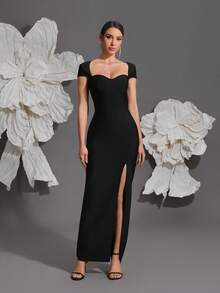 Strick-Bandage-Bodycon-Kleid, sexy figurbetonte Silhouette, luxuriöses europäisches und amerikanisches Design, Hochzeit, Schwarz, Party - Schwarz - Übersicht 7