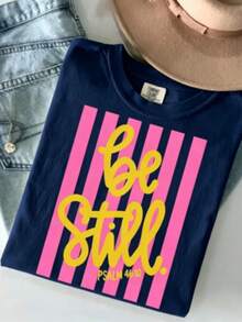 [100% Cotton] Be Still Shirt - Love Like Jesus Girly Pink Stripes T-Shirt Coquette Aesthetic Faith Spring Tee Unisex Women's & Men's Campus Daily Wear - 藏青色 - 查看 1