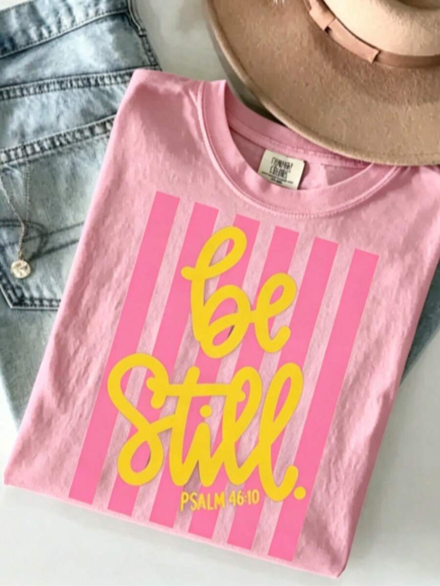 [100% Cotton] Be Still Shirt - Love Like Jesus Girly Pink Stripes T-Shirt Coquette Aesthetic Faith Spring Tee Unisex Women's & Men's Campus Daily Wear - 粉色 - 查看 1