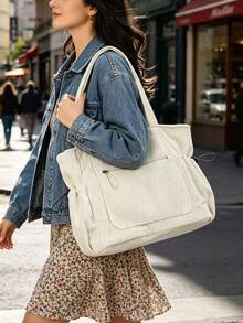 Solid Color Corduroy Tote Bag, Large Capacity, Fashionable Spring/Summer Style, Suitable For Students, Work, Campus, Minimalist & Versatile - White - View 6