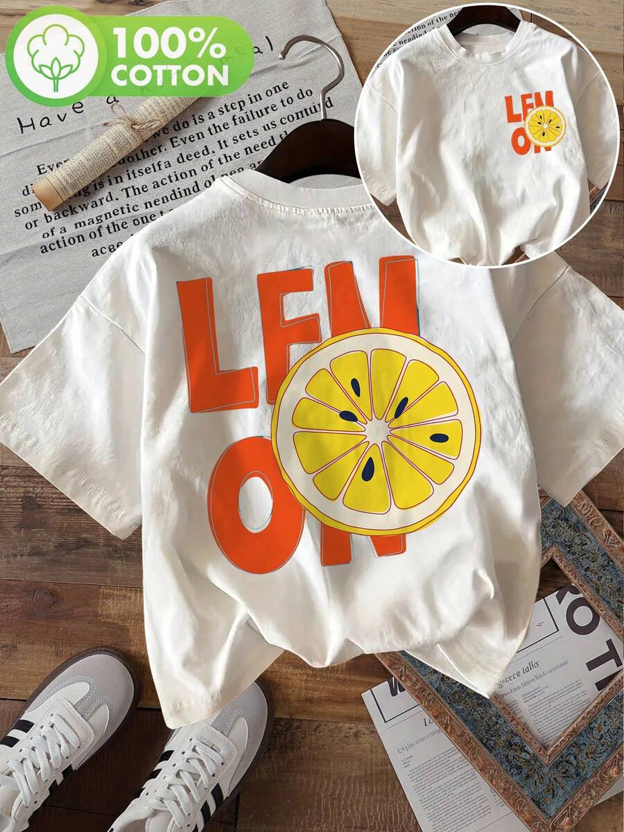 -Women's Short Sleeve T-Shirt With Lemon Print And LEMON Lettering - Casual Double-Sided Crew Neck Top, Suitable For Everyday Use, Machine Washable, Basic T-Shirt For Women. - White - View 1