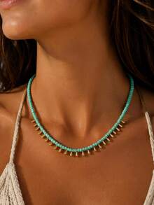 1 Pc Bohemian Imitation Turquoise Gold Water Drop Pendant Necklace For Women, Casual Versatile Party Wear, Mother'S Day Gift - Green - View 2