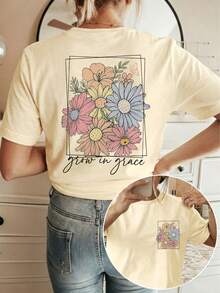Graphic Print Short Sleeve Round Neck Casual Women Tops, Suitable For Summer And Spring - Apricot - View 8