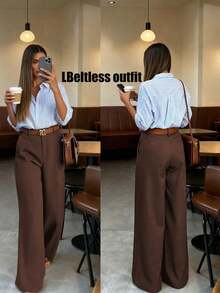 Pantalones de traje de mujer de cintura alta vintage, corte holgado, excelente caída, adecuados para uso en la oficina, perfectos para primavera y verano - Óxido marrón - Ver 1