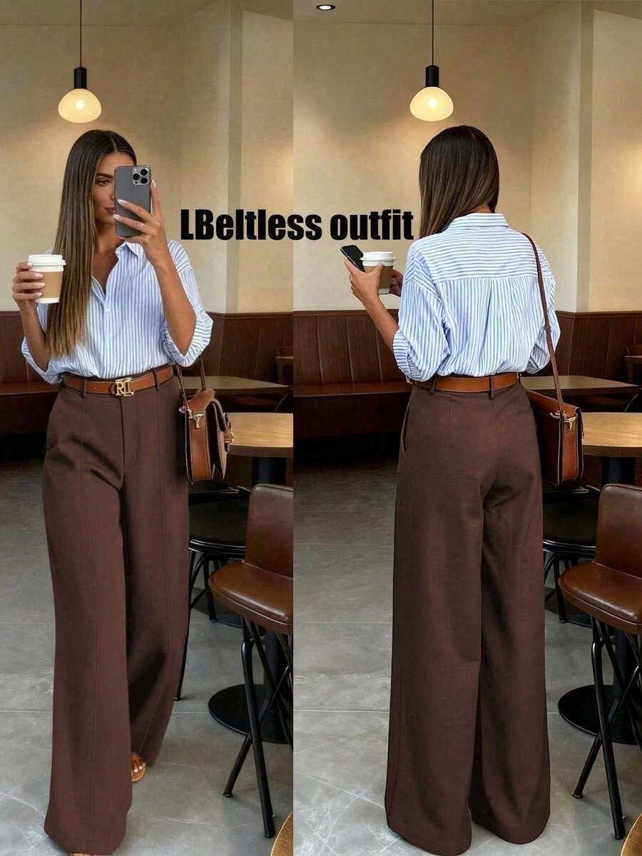 Pantalones de traje de mujer de cintura alta vintage, corte holgado, excelente caída, adecuados para uso en la oficina, perfectos para primavera y verano - Óxido marrón - Ver 1