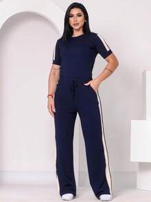 Women's Basic Pants And Blouse Set With Stripes On The Side - Navy Blue - View 1