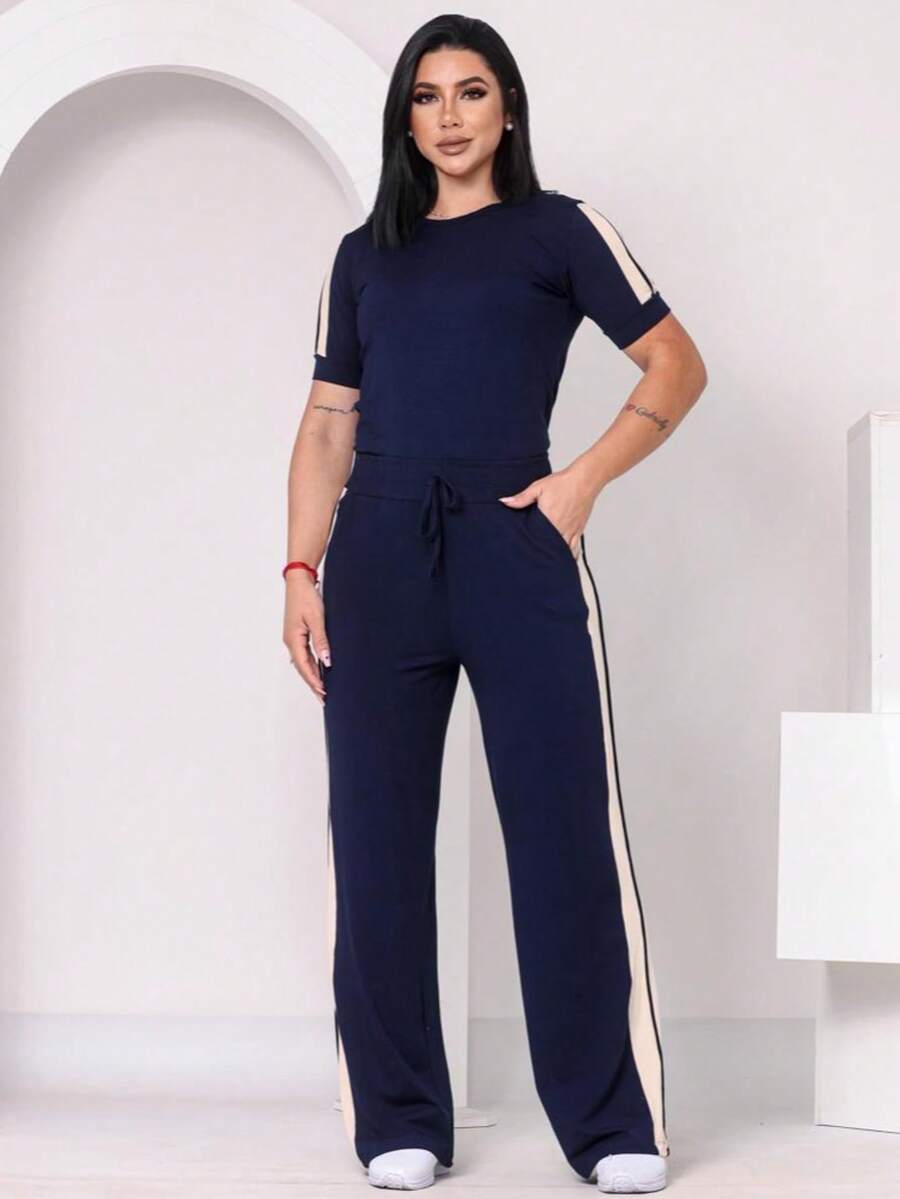 Women's Basic Pants And Blouse Set With Stripes On The Side - Navy Blue - View 1