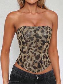 Vintage Sexy Summer Leopard Print Mesh Semi-Sheer Corset Tube Tops Strapless Overbust Lace Up Back Body Shaper For Concert Vacation Outfits - Brown Leopard Print - View 5