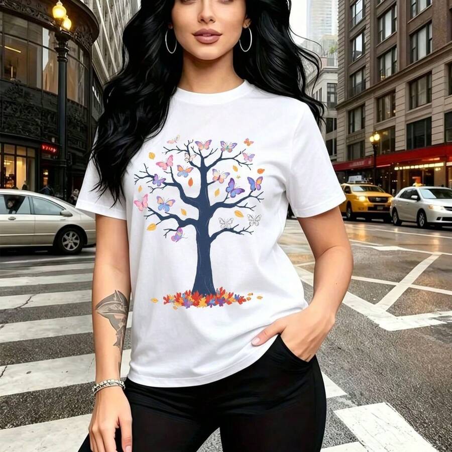 Camiseta de mujer con estampado de árbol estilizado con tronco azul y mariposas multicolores en tonos rosa, morado, amarillo y naranja - camiseta casual de manga corta con cuello redondo, ajuste cómodo y moderno, estilo urbano y artístico ideal para - Blanco - Ver 1