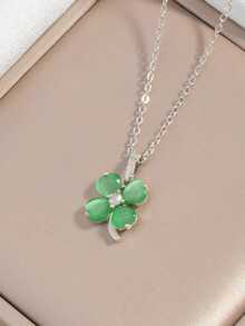 1pc Lucky Cat Eye Four-Leaf Clover Pendant Necklace, Exquisite Girl's Earrings, Holiday Gift - Style 1 - View 1