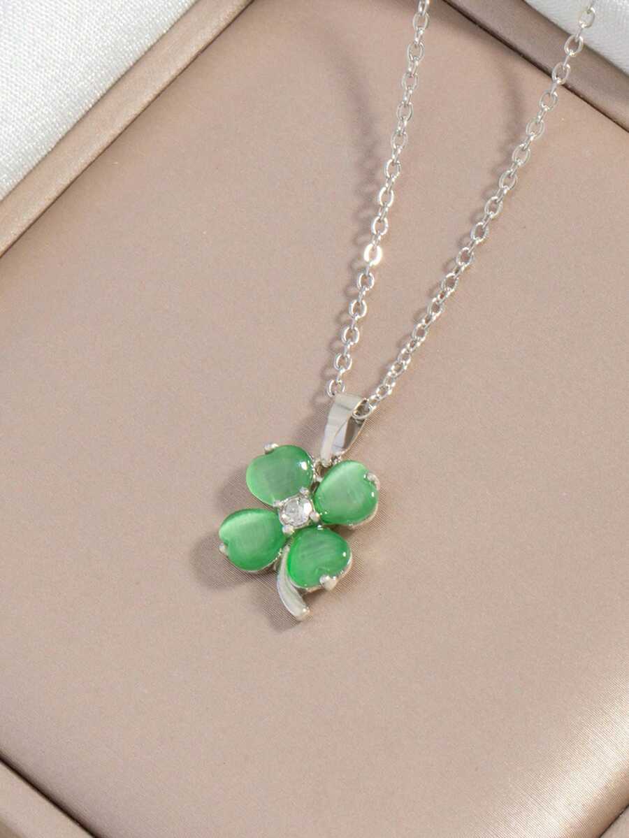 1pc Lucky Cat Eye Four-Leaf Clover Pendant Necklace, Exquisite Girl's Earrings, Holiday Gift - Style 1 - View 1