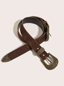 1pc Western Cowboy Style Double Buckle Coffee Brown Suede Women's Belt, Suitable For Jeans, Casual Pants, Daily Wear, Fashion Style, Outdoor Activities, Western Parties, Valentine's Day, Halloween, Music Festivals, Women, Mothers, Gifts, Birthdays, Vintage, Travel, All Seasons, Vacation - Brown - View 4