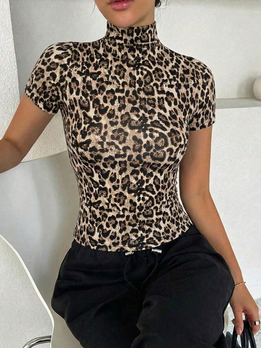 Blusa de cuello alto de unicolor minimalista, de manga corta y ajustada para mujer, de verano - Albaricoque - Ver 1