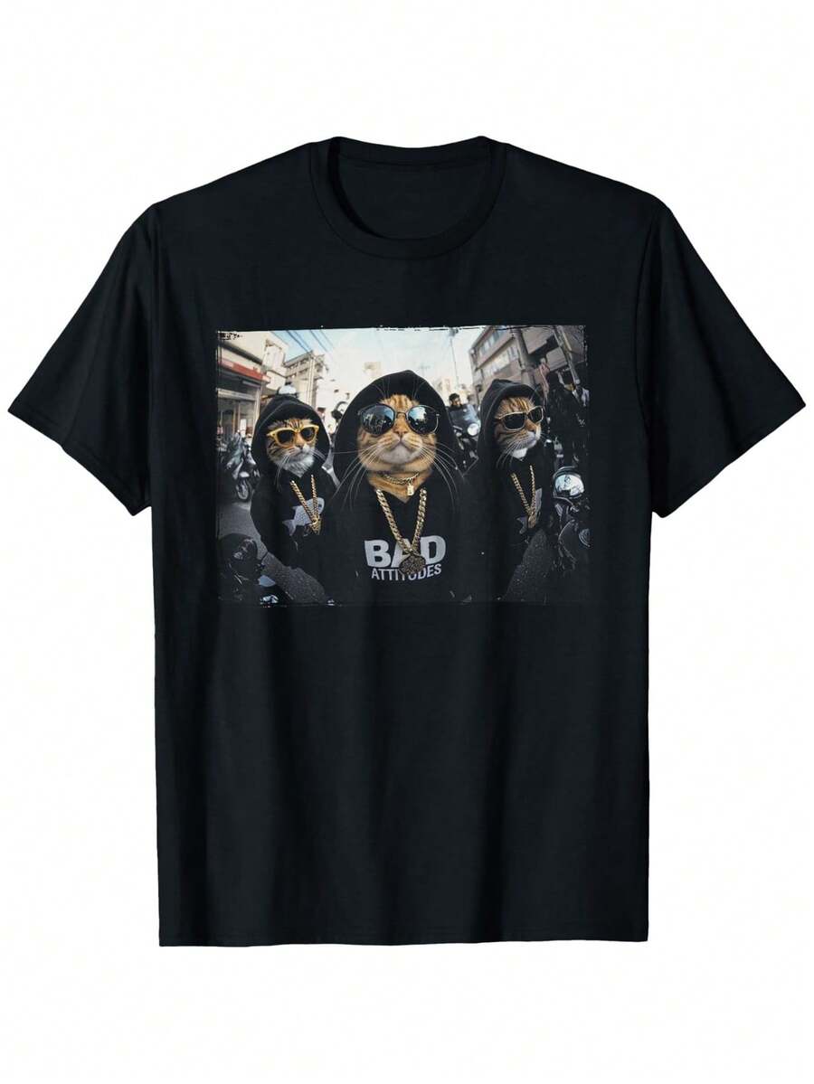 Hip-Hop Gang Cat Graphic T-Shirt - Unisex Casual T-Shirt For Men, With Rock Fashion Metal Glasses Design, Round Neck, Suitable For All Seasons, Machine Washable, Casual Wear T-Shirt |   Eye-Catching Graphics |   Machine Washable Top, Hip-Hop T-Shirt - Black - View 1