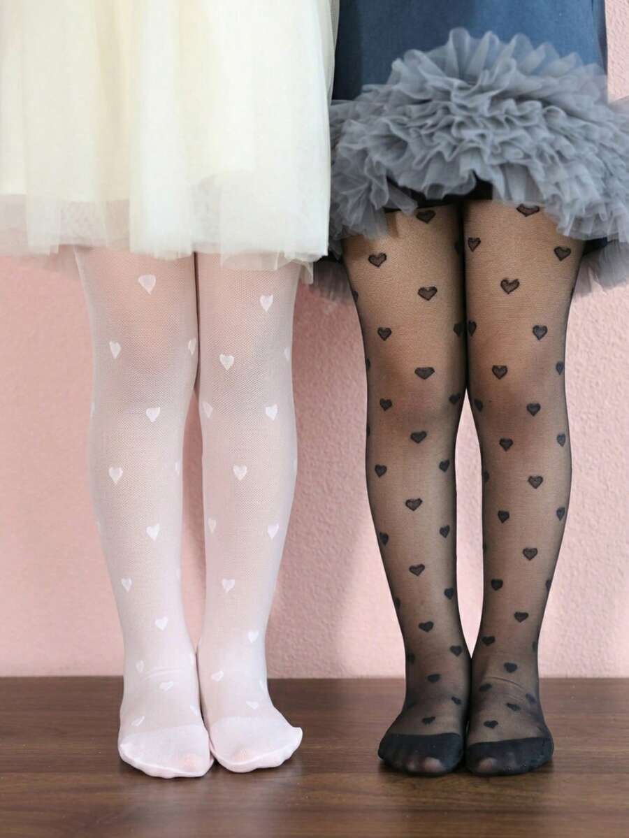2件裝女嬰幼兒黑白愛心圖案內搭褲，柔軟舒適純色緊身褲，舞蹈練習用