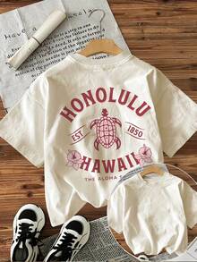 Women's Vintage Honolulu Hawaii Graphic T-Shirt - Black, Short Sleeve, Crew Neck, Casual Sea Turtle And Floral Print, EST.1850, Machine Washable Summer And Spring Tee, Non-See-Through Fabric, Vacation Outfit, Durable Shirt, Printed T-Shirt, Women's T-Shirt - 白色 - 查看 1