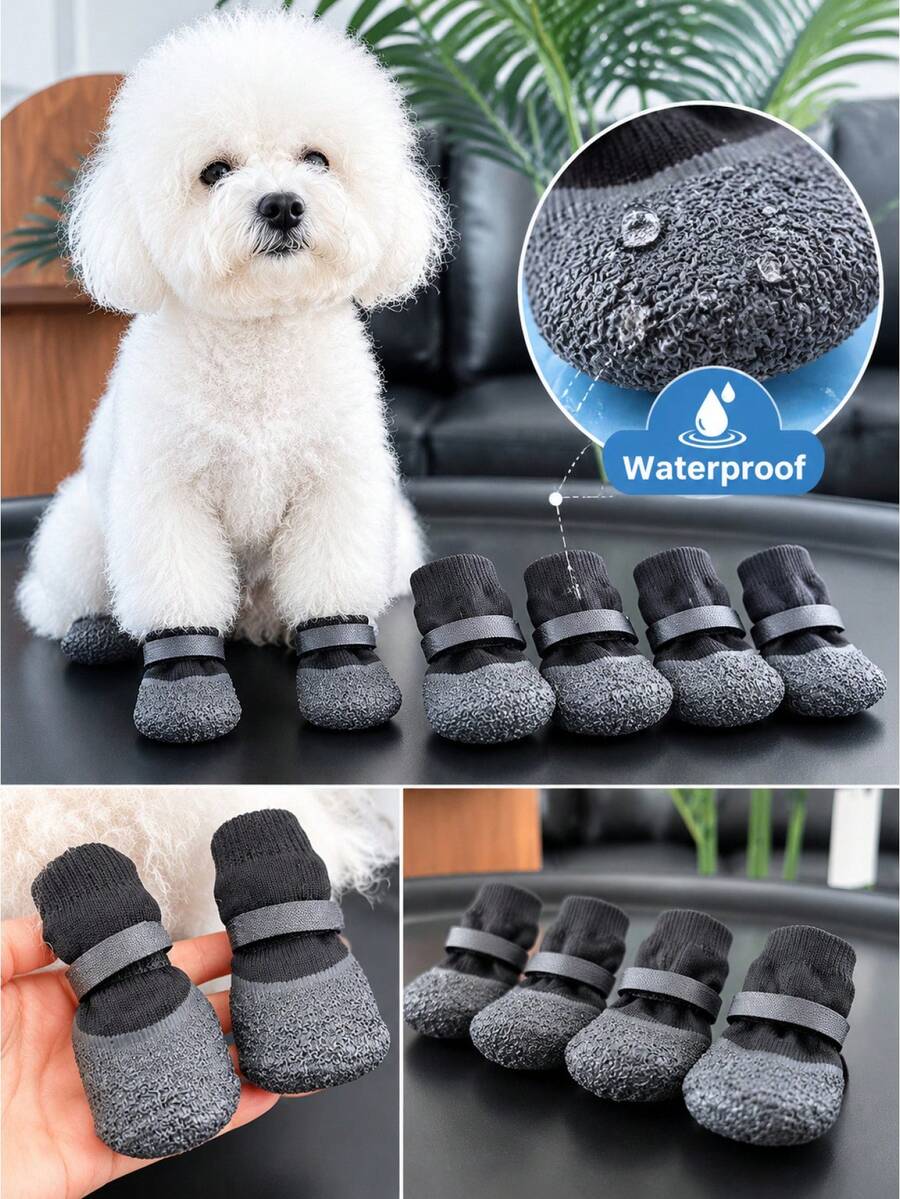 4件裝中小型犬鞋,戶外防水防滑鞋襪,寵物襪,狗狗腳套 - 黑色 - 查看 1