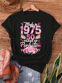 Sommar Toppar Dam  2026A Casual Short-Sleeve T-Shirt Featuring A Floral Design Celebrating A 50Th Birthday For Someone Born In 1975, Perfect For Spring And Summer Wear  Addio Al Nubilato - White - View 6