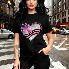 Camiseta de mujer con estampado de corazón brillante en colores rosa y azul con cinta de conciencia contra el cáncer de mama - diseño elegante y cómodo de manga corta, estilo urbano perfecto para caminar por la ciudad o asistir a eventos benéficos - - Negro - Ver 10