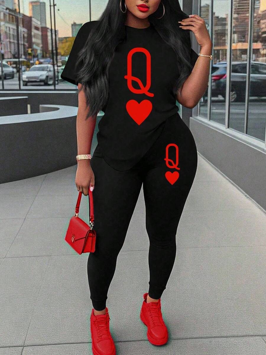 Conjunto de 2 piezas de camiseta casual con estampado de oso y leggings para mujer, para verano - Negro - Ver 1