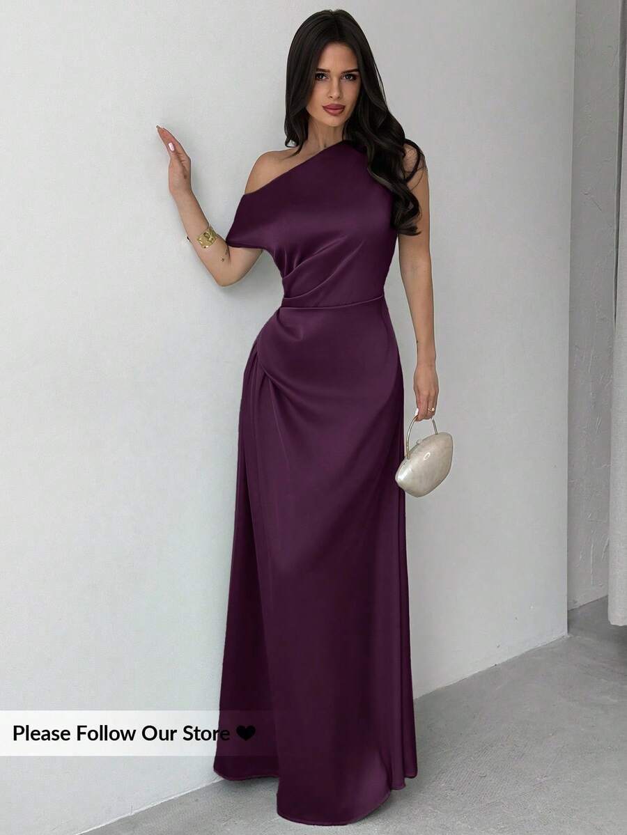 Vestido elegante asimétrico de manga con volantes y bajo de cola de pez en color verde, adecuado para citas, vacaciones, bodas, eventos, vuelta al colegio, graduación, vestido de dama de honor formal - Morado - Ver 1