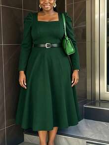 Women's Mid-Length Dress With Puff Sleeves, Square Neckline, Elegant Swing Robe, Solid Color, Elegant Fabric Belt, Suitable For Office, Casual, Work, Spring, Autumn, Winter - Dark Green - View 4