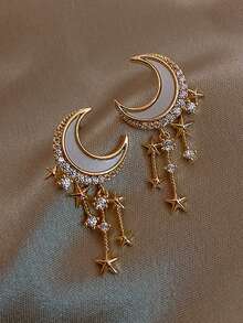Rhinestone Moon & Star Decor Drop Earrings - Yellow Gold - View 2